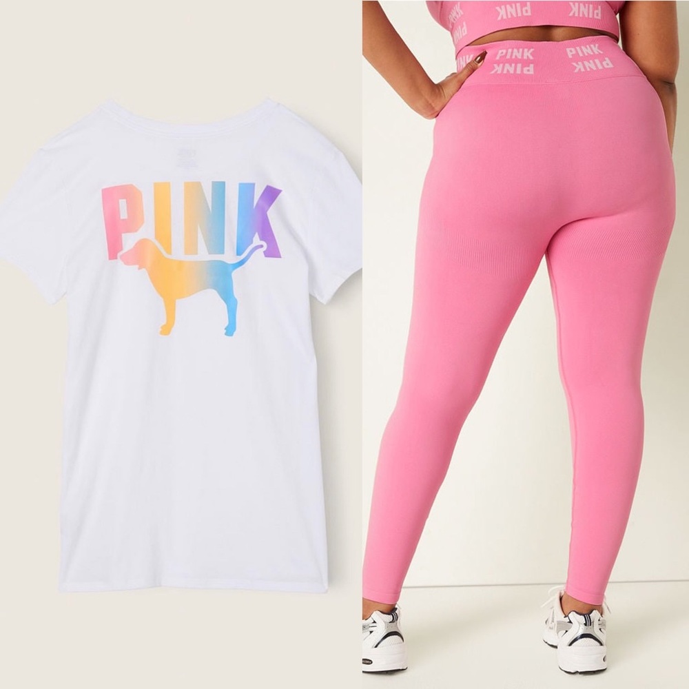 VS Pink Perfect Tee Optic White Rainbow Gradient & Dreamy Pink Seamless Leggings - Picture 8 of 10
